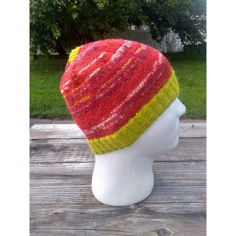 Mens Alpaca Wool Beanie Skully Hand Knit Hat Light Thin Faux Fair Isle Green Red - Picture 3 of 10